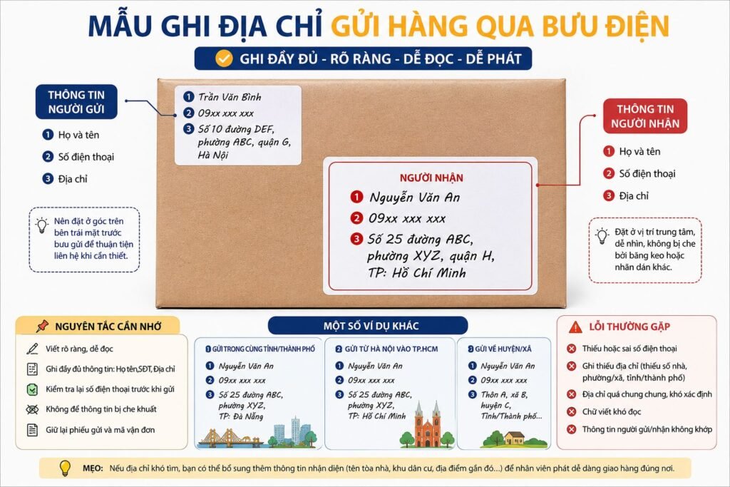 ghi dia chi gui hang qua buu dien mau