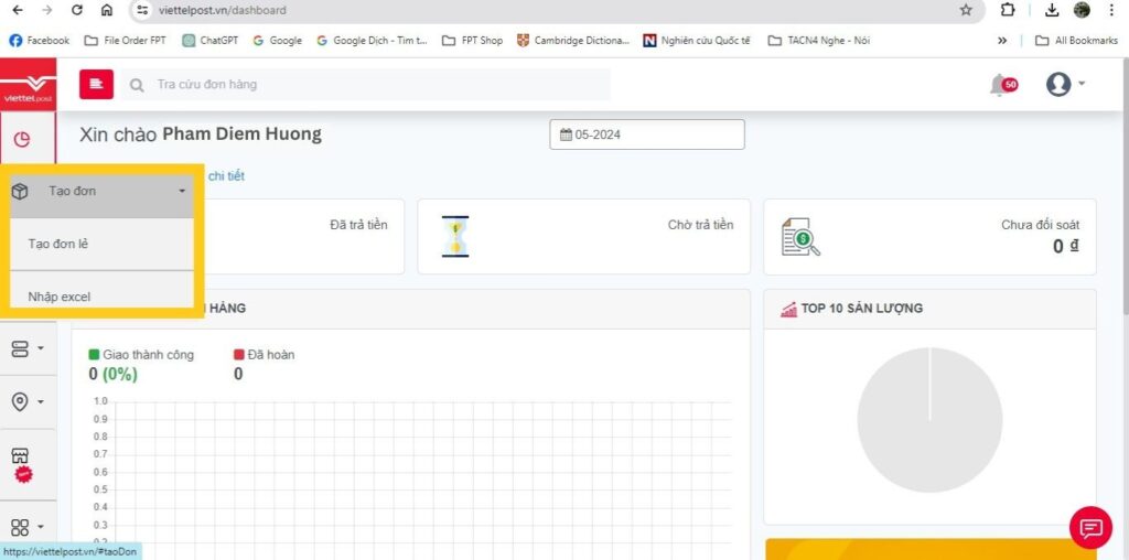 cach tao don gui hang tren viettel post website